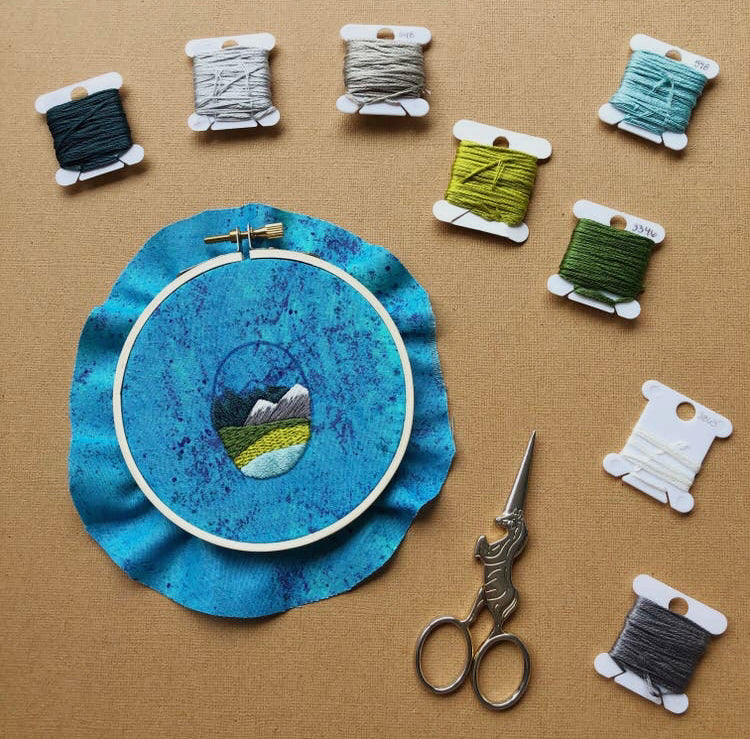 DIY Beginner Embroidery Pendant Kit. PNW Mountain Landscape Hand Embroidery.