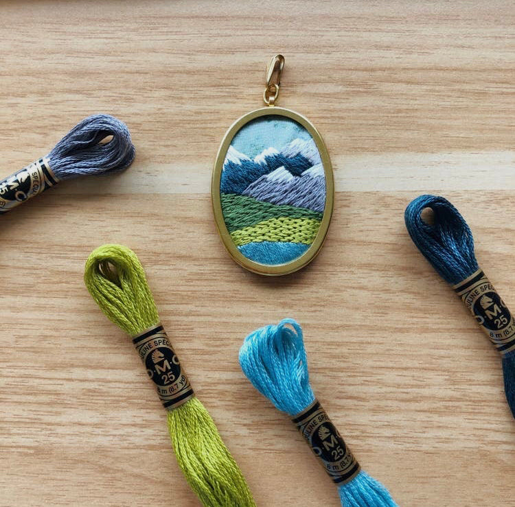 DIY Beginner Embroidery Pendant Kit. PNW Mountain Landscape Hand Embroidery.