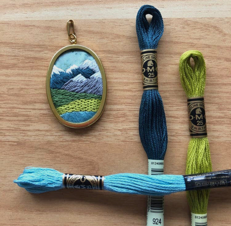 DIY Beginner Embroidery Pendant Kit. PNW Mountain Landscape Hand Embroidery.