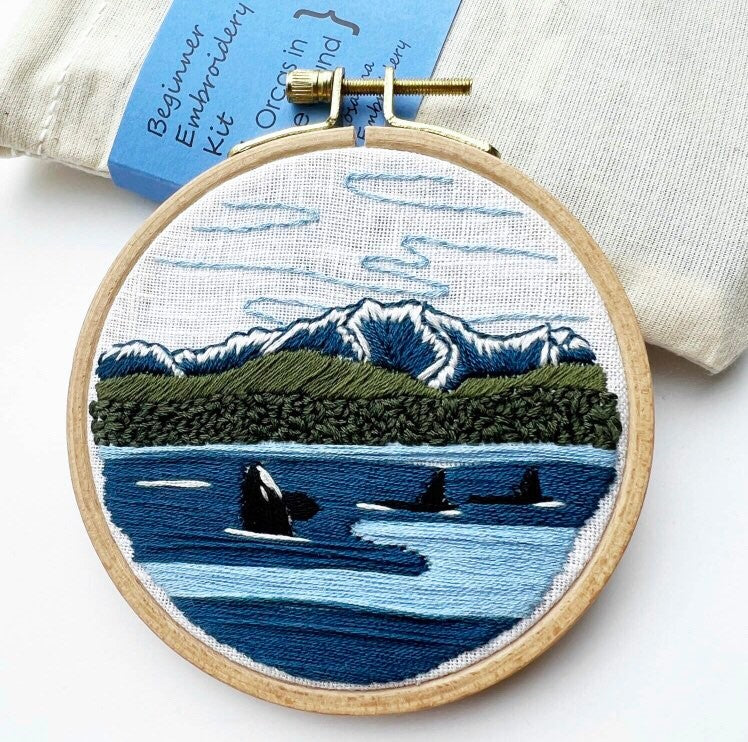 Orcas in the Sound: Beginner Embroidery Kit by Rosanna Diggs
